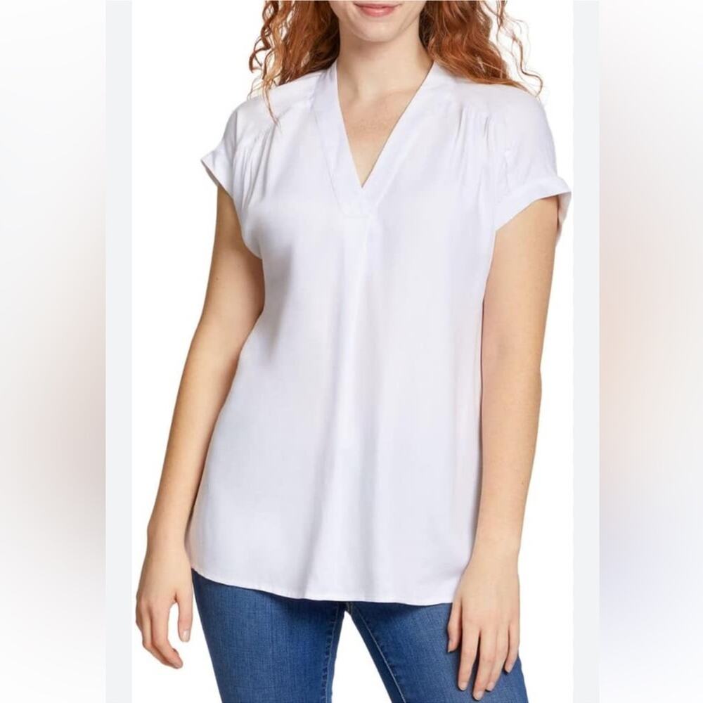 Nine West White V-Neck Blouse - Plus Size XL - Short Sleeve